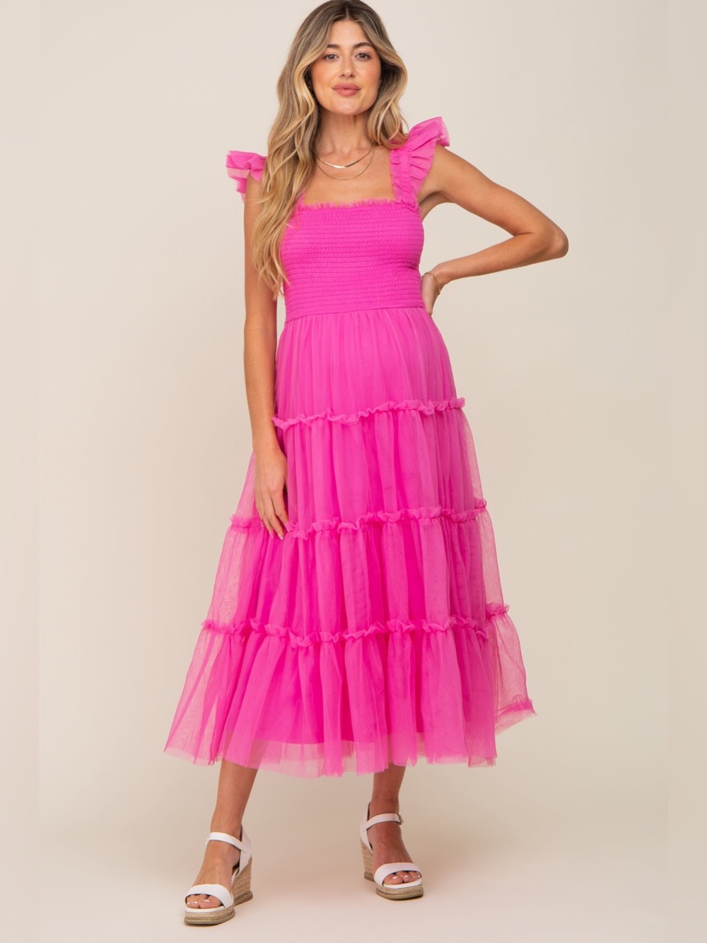 Pinkblush Fuchsia Smocked Mesh Ruffle Accent Maternity Midi Dress Size L